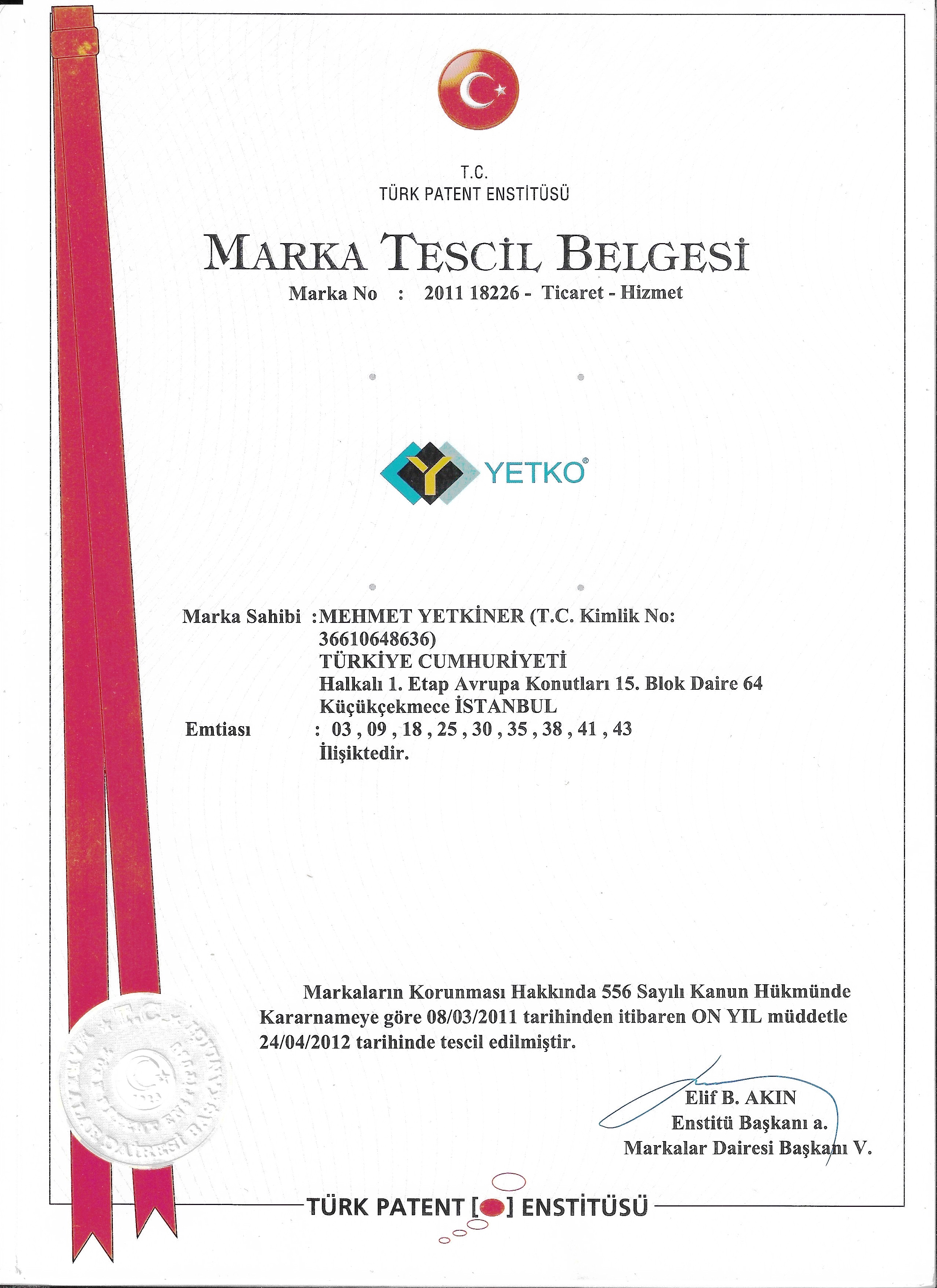 yetko insaat marka tescil